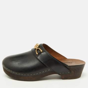 Pre Owned Celine Black Leather Chain Logo Detail Platform Clogs Size 39