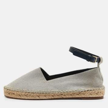 Pre Owned Celine White/Navy Blue Canvas Ankle Strap Espadrille Flats Size 38