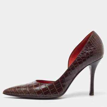 Celine Dark Brown Croc Embossed Leather D'orsay Pointed Toe Pumps Size 37