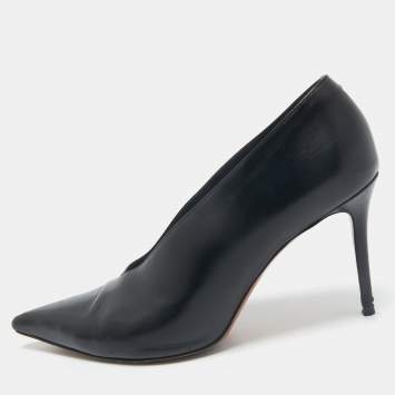 Pre Owned Celine Black Leather V Neck Pumps Size 38