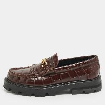 Celine Dark Brown Croc Embossed Leather Margaret Fringe Slip On Loafers Size 37