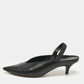 Pre Owned Feline Black Leather V Neck Slingback Pumps Size 39