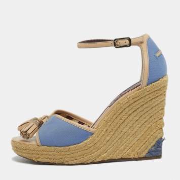 Pre Owned Celine Size 40 Blue/Beige Canvas Tassel Espadrille Platform Wedge Sandals