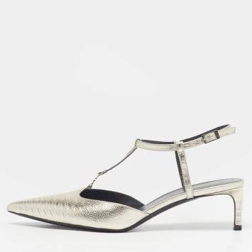 Pre Owned Celine Triomphe Size 37 Metallic Grey Lizard Embossed Leather T-Strap Pumps
