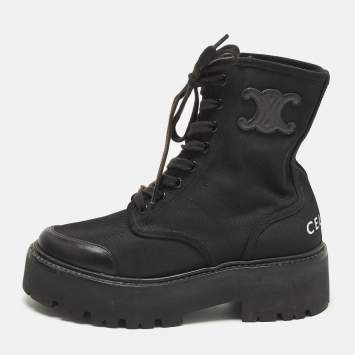 Pre Owned Celine Size 36 Black Canvas and Leather Combat Boots