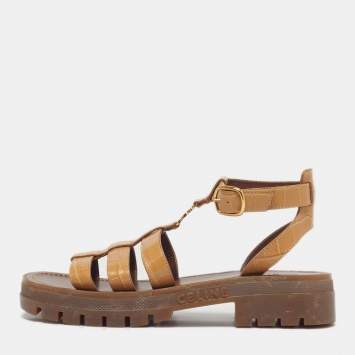 مملوكة مسبقًا Celine Triomphe Size 38 Beige Croc Embossed Leather Gladiator Sandals