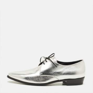 Pre Owned Celine Size 39 Metallic Silver Leather Lace Up Oxfords