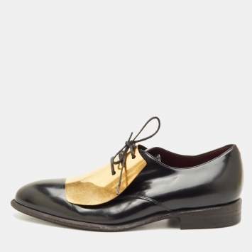 مملوكة مسبقًا Celine Size 38 Black Leather Gold Metal Plate Detail Lace Up Derby
