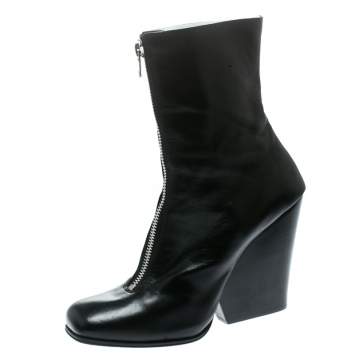 Pre Owned Celine Black Leather Square Toe Calf Length Boots Size 40.5