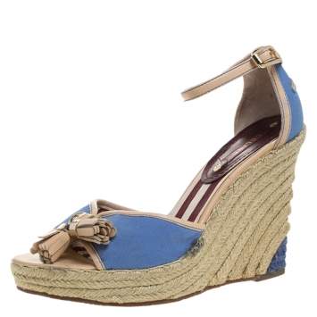 Pre Owned Celine Blue Canvas And Beige Leather Tassel Espadrille Wedge Platform Ankle Strap Sandals Size 38