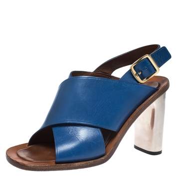 Pre Owned Celine Blue Leather Cross Strap Open Toe Slingback Sandals Size 39