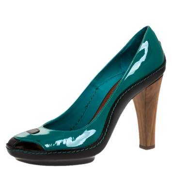Pre Owned Celine Green/Black Patent And Leather Wooden Heels Pumps Size 38