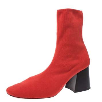 Pre Owned Celine Orange Stretch Knit Fabric Sock Block Heel Ankle Boots Size 39.5