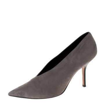 Pre Owned Celine Grey Nubuck Leather V Neck Pointed Toe Pumps Size 38.5 
