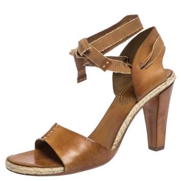 Pre Owned Celine Brown Leather Espadrille Ankle Wrap Open Toe Sandals Size 40
