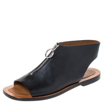 Pre Owned Celine Black Leather Zip Detail Open Toe Flat Sandals Size 40