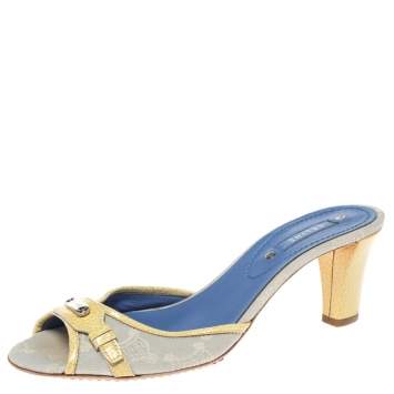 Pre Owned Celine Off-White/Yellow Macadam Canvas And Patent Trim Slide Sandals Size 39.5