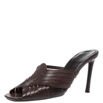 Pre Owned Celine Dark Brown Leather Vintage Strappy Slide Sandals Size 39