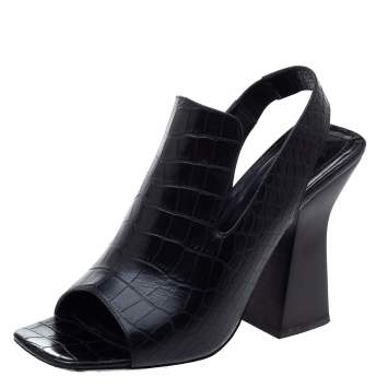 Pre Owned Celine Black Croc Embossed Leather Slingback Open Toe Sandals Size 38