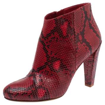 Pre Owned Celine Red Python Block Heels Ankle Boots Size 38