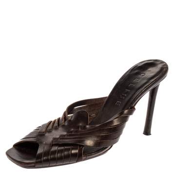 Pre Owned Celine Dark Brown Leather Vintage Strappy Slide Sandals Size 38.5