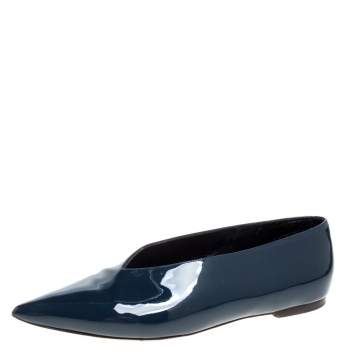 Pre Owned Celine Teal Blue Patent Leather V Neck Ballet Flats Size 37.5
