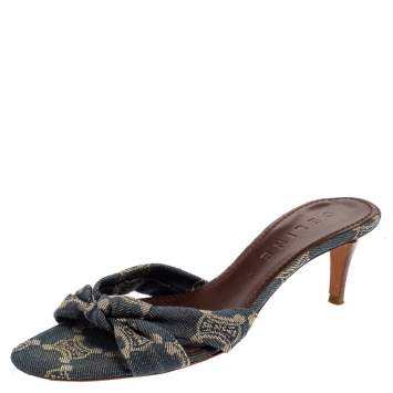 Pre Owned Celine Denim Fabric Knot Open Toe Slide Sandals Size 37.5