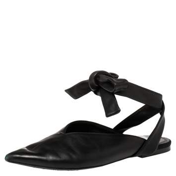 Pre Owned Celine Black Leather V Neck Pointed Ankle Wrap Mules Size 39