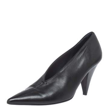 Pre Owned Celine Black Leather V Cut Pointed Toe Pumps Size 36.5