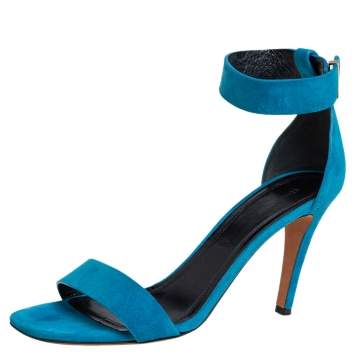 Pre Owned Celine teal Blue Suede Ankle-Strap Sandals Size 38