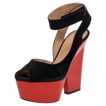Pre Owned Celine Black/Orange Suede Peep Toe Platform Sandals Size 37.5