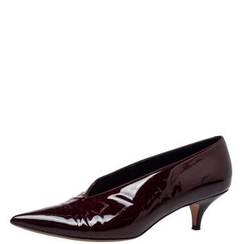Pre Owned Celine Burgundy Patent Leather V Neck Pointed Toe Pumps Size 40