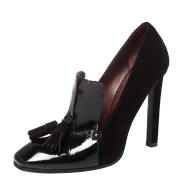 Pre Owned Celine Black Suede And Patent Leather Tassel Loafer Pumps Size 36