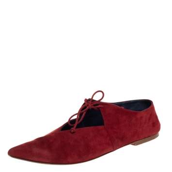 Pre Owned Céline Burgundy Suede V Lace Up Flats Size 41