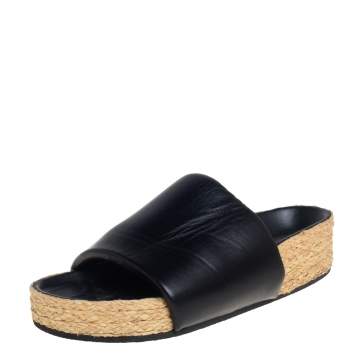 Pre Owned Celine Black Leather Flat Espadrille Slides Size 39