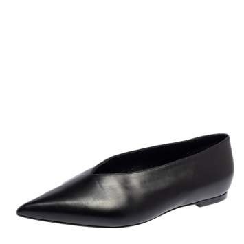 Pre Owned Celine Black Leather V-Neck Ballet Flats Size 37.5