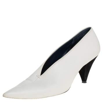 Pre Owned Celine White Leather V-Neck Pointed Toe Pumps Size 38