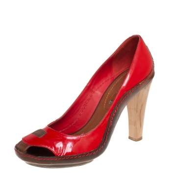 Pre Owned Celine Red/Brown Leather and Patent Leather Pick Toe Pumps Size 39