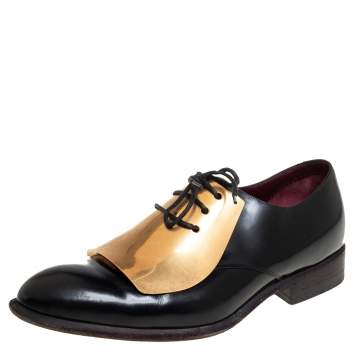Pre Owned Celine Black Leather Gold Metal Plate Lace Up Derby Size 37.5
