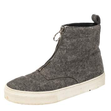 Pre Owned Celine Grey Wool Felt High Top Zip Up Sneaker Size 38