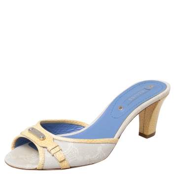 Pre Owned Celine Off White/Yellow Macadam Canvas And Leather Trim Slide Sandals Size 38