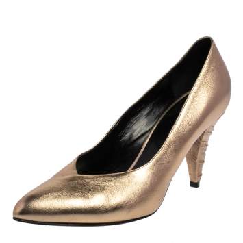 Pre Owned Celine Metallic Gold Leather V Neck Cone Heel Pumps Size 39