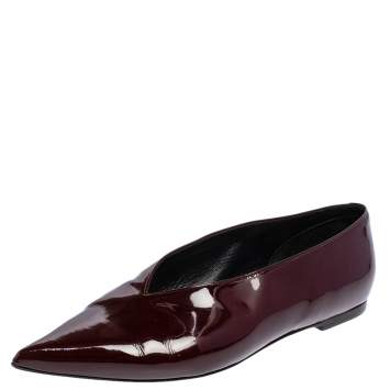 Pre Owned Celine Burgundy Patent Leather V Neck Ballet Flats Size 37