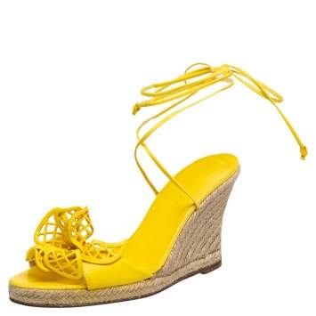 Pre Owned Celine Yellow Leather Cutout Flower Ankle Tie Wedge Espadrille Sandals Size 38