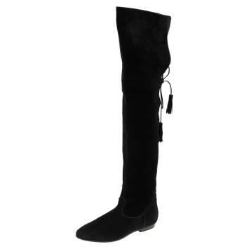 Pre Owned Celine Black Suede Fringe Thigh High Boots Size 39