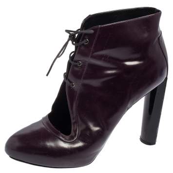 Pre Owned Celine Purple Glossy Leather Lace Up Ankle Boots Size 38.5