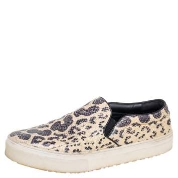 Pre Owned Celine Beige/Black Python Embossed Leather Slip On Sneakers Size 40