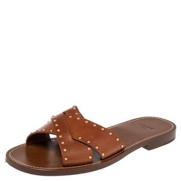 Pre Owned Celine Brown Leather Studded Crisscross Slide Sandals Size 37