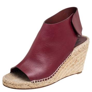 Pre Owned Celine Burgundy Leather Open Toe Espadrille Wedge Sandals Size 37