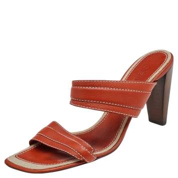 Pre Owned Celine Orange Leather Slide Sandals Size 39.5